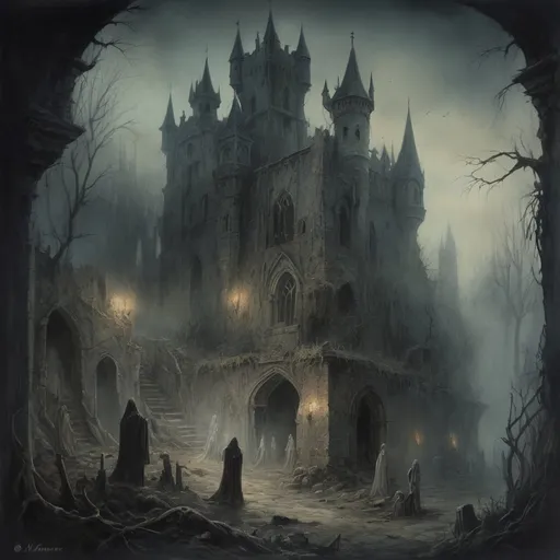 Prompt: Anton Pieck-style overview oil painting of a dark medieval fantasy hold, dark lighting, foggy atmosphere, overgrown ruins, haunting ghosts, shrouded forms, , undead, death,  eerie and dark, detailed brushwork, haunting figures emerging from the mist, haunted castle, old world charm, oil painting, dark tones, medieval, haunting atmosphere, eerie figures, detailed ruins, foggy setting, ghostly presence, atmospheric lighting,