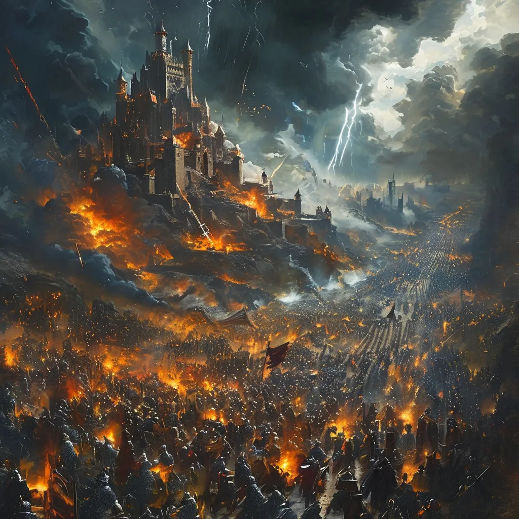 Prompt: aerial view, (oil painting), epic medieval fantasy, (storming of the citadel), armies marching in formation, powerful siege engines, spells arcing through the gloomy sky, dense dark clouds, (dramatic lighting), intense mood of impending doom, intricate details of armor and weaponry, atmospheric shadows, (HD) 고급 4k quality, deeply saturated color scheme adding to the darkness.