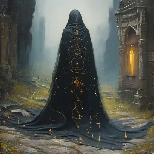 Prompt: oil painting, (invisibility cloak), shimering, see through, (swirling magical black fog), intricately designed patterns, ethereal and enchanted atmosphere, medieval fantasy setting, shadows blending into darkness, glowing symbols suggesting deep mysticism, high depth and texture, dreamlike quality, surrounded by shadowy landscapes and ancient ruins, captivating and otherworldly vibe.