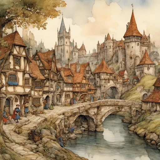 Prompt: <mymodel>Medieval fantasy town along a river, carriage crossing a stone bridge, towering castle in the distance, immersive atmosphere, highres, detailed, medieval fantasy, vibrant colors, warm lighting, rustic charm, scenic landscape
