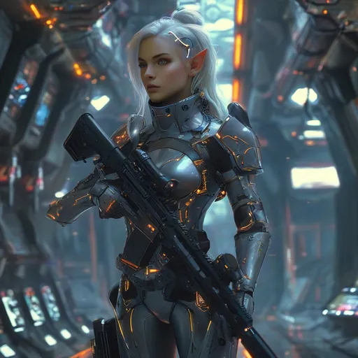 Prompt: Female elf DND character, (high-tech futuristic space outfit), (ready for battle), (tech battle armor), intricate details, laser rifle at the ready, illuminated armor panels, sleek design, posture of confidence, (space station surroundings), spaceship and blinking control panels in the background, vibrant colors, contrasting shadows, immersive sci-fi ambiance, (4K ultra-detailed), dynamic energy.