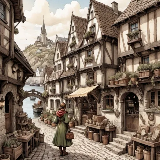 Prompt: highly detailed, Ink painting of a vintage fantasy DND character female elf mage browsing in quaint harbor village line art, detailed elven features, detailed faces, flowing detailed intricate mage robes, floating magic book, mage crystals, crowded marketplace, charming cobblestone streets, antique color palette, delicate line work, high quality, detailed, DND, female elf, quaint village,  ink painting, Anton Pieck style, line art, charming streets, vintage colors, detailed features, sunny atmosphere