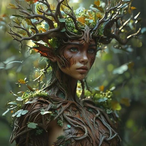 Prompt: full body, (breathtaking concept of dryads), emerging from an enchanted forest, (bark-like skin), intricate detailing of branches and leaves covering their forms, (medieval fantasy), moody and mystical ambiance, dappled sunlight filtering through the foliage, (4K), ultra-detailed texture, capturing the ethereal beauty and ancient wisdom of nature, deep greens and browns blending harmoniously in the scene.