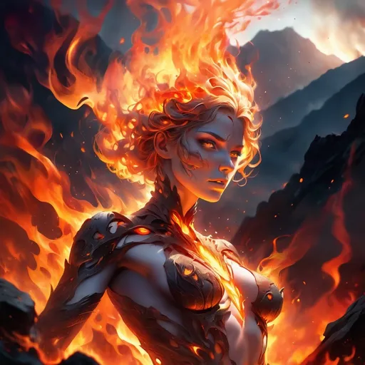 Prompt: (female humanoid fire elemental), body covering blazing flames, body of magma,  ethereal glow, flickering light, fiery aura, intense heat, swirling embers, charred ground, vibrant orange and red tones, high-contrast lighting, dramatic shadows, mystical atmosphere, otherworldly, inferno background, ultra-detailed, 4K, fantasy art, epic scene, high-intensity, mesmerizing blaze, darkened surroundings, smokey tendrils