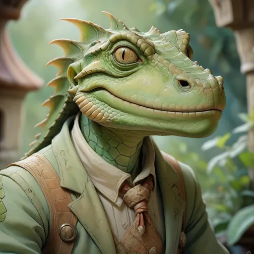 Prompt: realistic portrait of a lizardman DnD Character, (Anton Pieck style), watercolor, whimsical and enchanting scene, soft color palette, dreamy ambiance, intricate details, gentle brush strokes, high-quality look, ethereal atmosphere, infused with a sense of nostalgia and wonder, ultra-detailed.