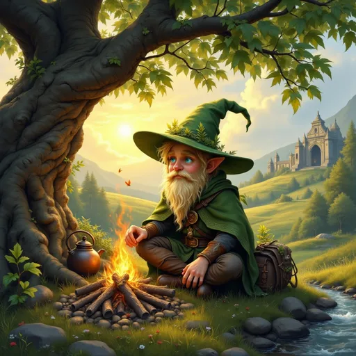 Prompt: oilpainting, @PEQ0yp5JRjSg2AqYv11f, setting up camp under a majestic tree, vivid golden sunset streaming through branches, cozy campfire with a kettle brewing, adventurer's pack casually resting nearby, serene surroundings with soft hills, old ruins visible in the distance, lush farmers' fields surrounding, gentle stream gracefully flowing, capturing a tranquil and adventurous vibe, highly detailed, 4K resolution, enchanting atmosphere