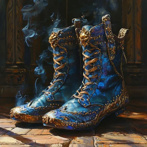 Prompt: (anton pieck-style) oil painting , stand alone, (enchanted soft leather sneaking shoes) covered in smoke and shadow, stylish medieval fantasy, (enchanted boots), silience, whispers, magical illuminating spell, fog, inconspicuous
 magical glow, dark tones,  high-quality 4K resolution, ultra-detailed texture, fantastical elegance.