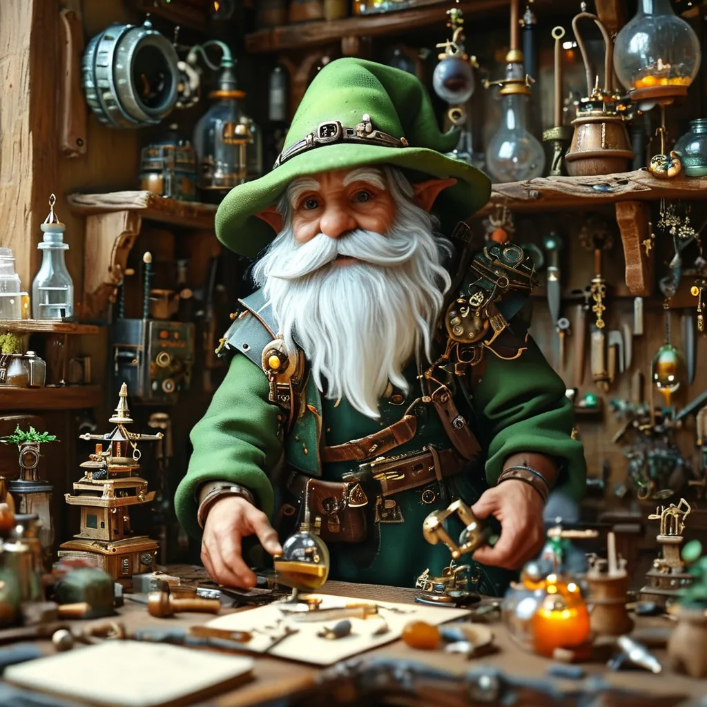 Prompt: *(tinkering gnome DnD character)*, (medieval fantasy workshop), (Anton Pieck style oil painting), intricate contraptions, cluttered workbench, a variety of tools scattered around, earthy home,  warm earthy tones, magical ambiance, whimsical atmosphere, soft, diffused lighting, highly detailed textures, dynamic composition, (4K ultra-detailed), enchanting and imaginative scene filled with creativity and charm.