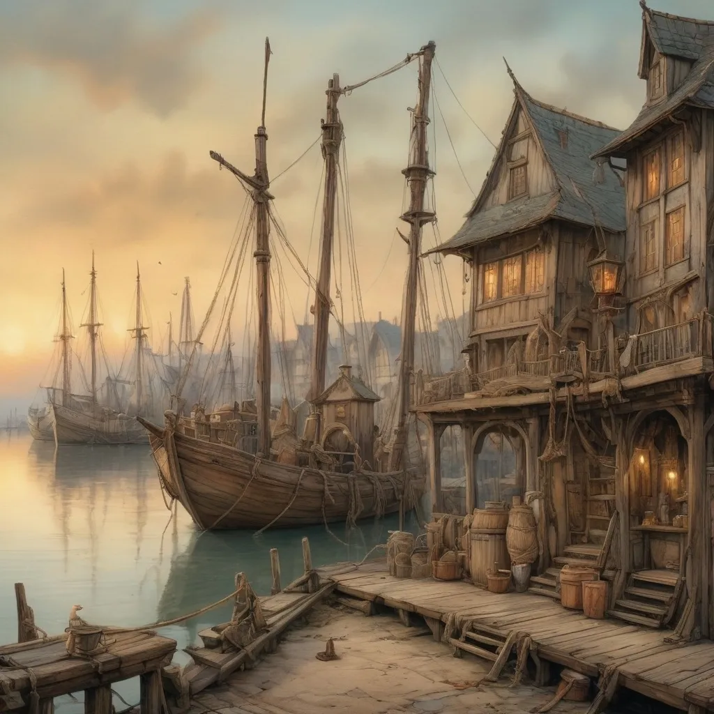 Prompt: (old man ship maker), (antique wooden wharf at the waters edge), (cranes and ropes) in intricate detail, medieval fantasy setting, watercolor painting anton pieck style, soft and muted colors, warm ambient lighting, filled with dust motes, nostalgic atmosphere, charming clutter, whimsical and dreamy quality, ultra-detailed, inviting vibe that captures the essence of craftsmanship and imagination.