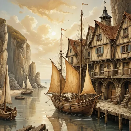 Prompt: oil painting, (medieval harbor setting), (antique sailing fishing boat), billowing sails, wooden anton pieck styled structures,  charming  arced wooden docks, intricate details, gentle waves, warm diffuse sunlight, historical architecture, fantasy elements, tranquil ambiance, rocky cliffs,  picturesque horizon blending into a golden cloud  sky, inviting atmosphere.