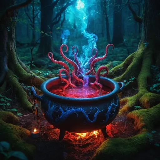 Prompt: (whitches cauldron with the elixir of life), saplings growing, tentacles gracefully rising, illuminating brew, vibrant blue, radiant red and lush green hues, ethereal atmosphere, mystical energy, high contrast lighting, enchanted forest background, organic shapes entwined, magical essence, (ultra-detailed) visuals, captivating and whimsical ambiance, inviting curiosity, (4K quality).