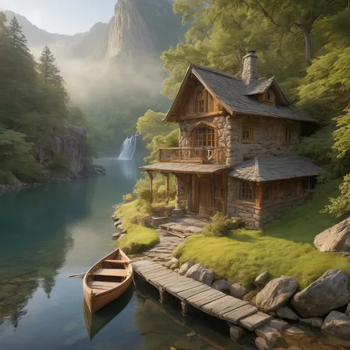 Prompt: aerial view, (charming rustic stone boathouse at tranquil mountain lake), small mountain path leading to front door, fairytale-like surroundings, serene atmosphere, wooden canoe at the shore, misty water, waterfall in background, enveloped in lush nature, calming golden morning light, sun's rays piercing through, ultra-detailed, picturesque landscape, whispering tranquility, enchanting beauty of nature, reflecting calmness and peace.