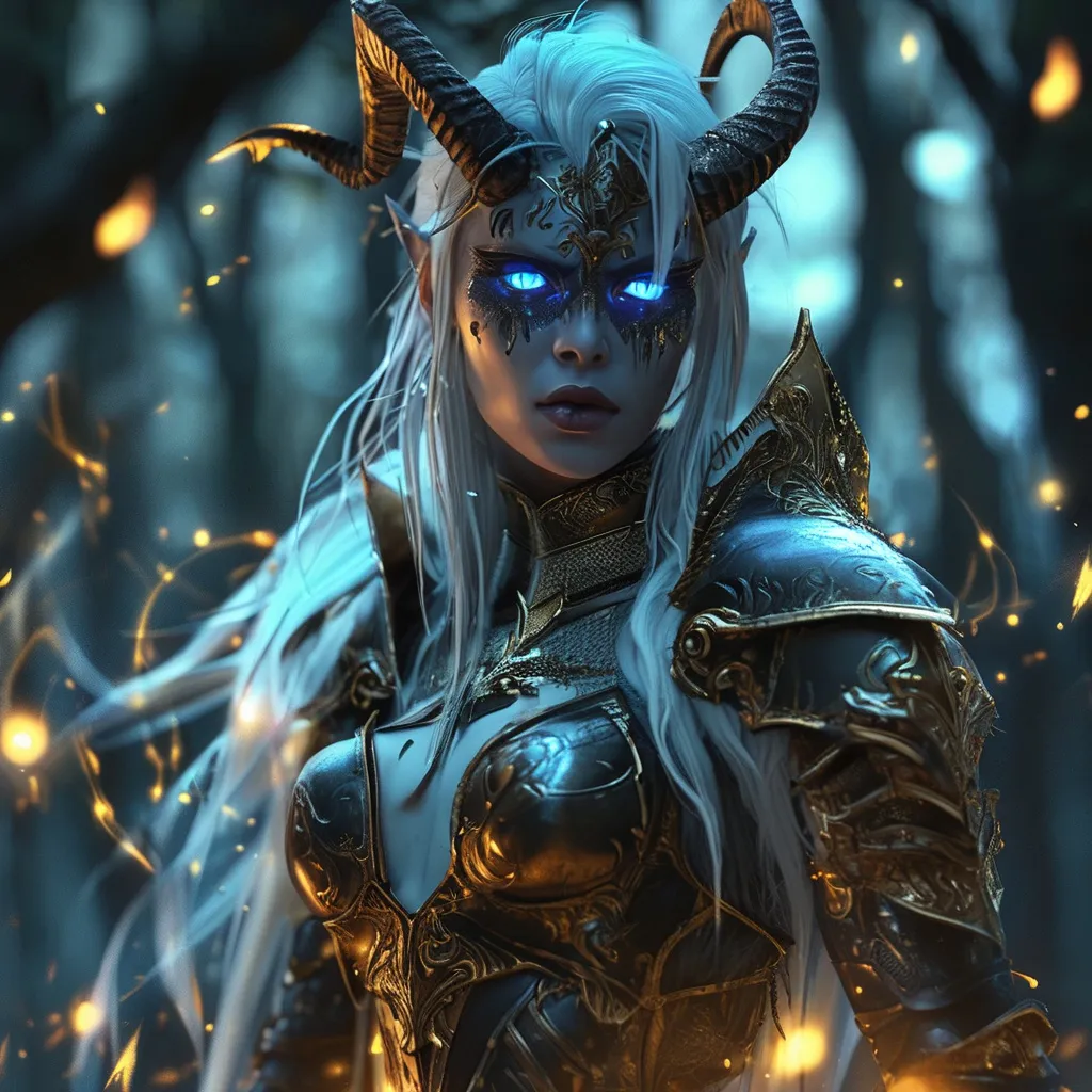 Prompt: Full depiction of a (unaturally beautiful tiefling) Valkyrie character, wearing a (long flowing gown with intricate lace details) and (high heel armored boots), in a dark hunted forest, intense blue healing eyes, dark shadows enhance her elegance, hopefull ambiance, highly detailed features, (HD) quality, magical atmosphere, flow of  magical golden illumination surrounding her 