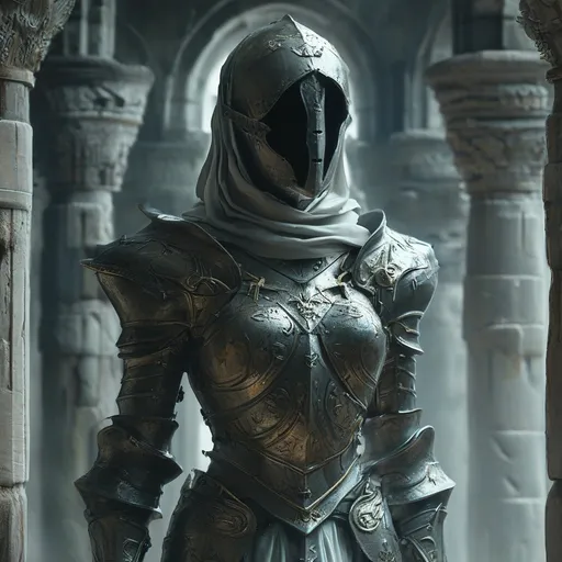 Prompt: realistic, (ghostly female guard), (hovering ancient spirit), semi-transparent, illuminated, ancient medieval fantasy armor, eerie glow, tranquil atmosphere, surrounded by an ancient shrine, tomb adorned with mystical symbols, misty background, tranquil mood, high detail, ultra-detailed, 4K resolution, captivating aura.