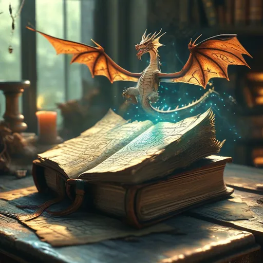 Prompt: illuminating book of dragons, (ancient spell book) floating above a (weathered desk), (mystical spells) radiating in the air, (worn pages) filled with intricate illustrations, (soft magical glow) surrounding the book, detailed textures on the desk, (atmosphere of enchantment and wisdom), (4K ultra-detailed), warm, inviting lighting