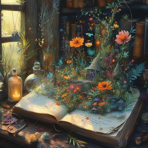 Prompt: open witch's tome, vibrant enchanted forest sprouting from its pages, infused with (sinister) mystic flora and fauna; scene pulsating with (magic and wonder), potion recipe, herbal plant sketches, soft ethereal spells drifting into the air, (creepy crawlers) scampering around, shadows playfully dancing in the warm ambiance of the cottage, enchanting yet eerie atmosphere reflecting hidden secrets and ancient knowledge.