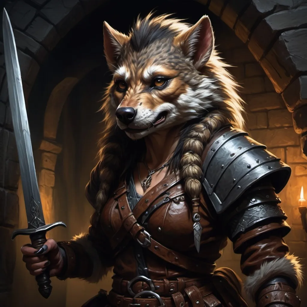 Prompt: (gorgeous female  gnoll DnD adventurer),  fur skin, depicted in the shadows of a dimly lit dungeon, oil painting style, poised with a sword at the ready, sneaking carefully, dramatic contrast of light and darkness, high detail, ambiance of suspense and mystery, deep shadows enhancing the mood, rich textures of leather and fabric, capturing the essence of adventure.