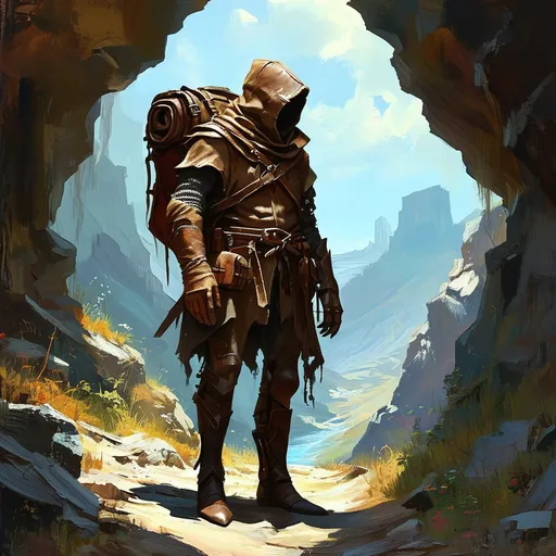 Prompt: (ant humanoid), medieval adventurer, dungeon crawling, exploring dimly lit caves, rugged landscape, richly detailed oil painting, expressive facial features, sturdy leather backpack, atmospheric shadows, vibrant earth tones, mysterious ambiance, high-quality craftsmanship, dynamic composition, encapsulating the spirit of adventure and discovery.