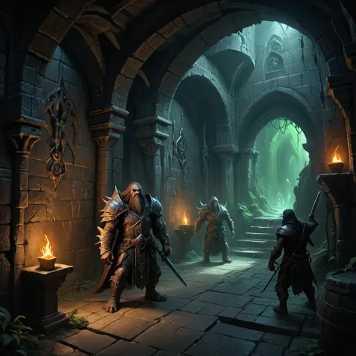 Prompt: (dungeon scene in Justin Gerard style), (fantasy artwork), dynamic composition, mythical monsters, brave adventurers, detailed character designs, vibrant colors, ambient magical lighting, intricate textures, immersive atmosphere, rich storytelling elements, high-resolution, captivating fantasy world, dramatic shadows, depth in details, enchanting background.