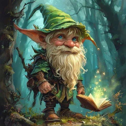 Prompt: watercolor illustration, (young male gnome druid) character, (dark woodstructure skin), (blond wild hair), (aqua-colored illuminating eyes), (small scruffy beard), surrounded by a mystical forest, enchanting ambiance, spell book glowing with magical runes, serene and whimsical atmosphere, soft earthy color tones, delicate brush strokes, vibrant greens and browns capturing the essence of medieval fantasy, (ultra-detailed) elements adding depth and nuance.