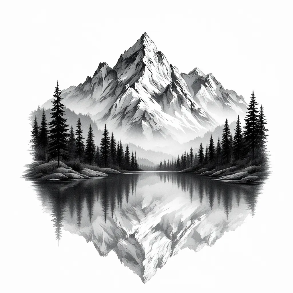 Prompt: A serene tattoo design featuring a majestic mountain range reflected perfectly in a tranquil lake.blacknand white. The scene is set during a peaceful dawn. Delicate details highlight rocky peaks and lush forested slopes, capturing the raw beauty of nature. Fine linework and subtle shading emphasize the calmness and timelessness of the landscape, evoking feelings of solitude and wonder. Style suggestions include delicate line art or minimalist realism to enhance the peaceful atmosphere.