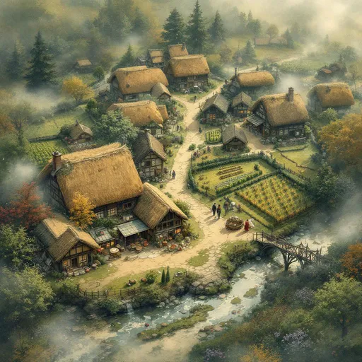 Prompt: aerial view of a japanese farm in a rural japanese style village, crob fields, orchards, a small stream,   medieval fantasy setting, watercolor painting anton pieck style, soft and muted colors, warm ambient lighting, filled with dust motes, nostalgic atmosphere, charming clutter, whimsical and dreamy quality