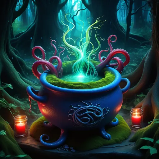 Prompt: (whitches cauldron with the elixir of life), saplings growing, tentacles gracefully rising, illuminating brew, vibrant blue, radiant red and lush green hues, ethereal atmosphere, mystical energy, high contrast lighting, enchanted forest background, organic shapes entwined, magical essence, (ultra-detailed) visuals, captivating and whimsical ambiance, inviting curiosity, (4K quality).