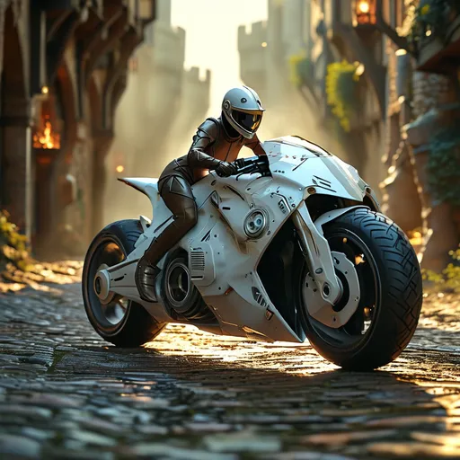 Prompt: (stunningly hot chick riding  a futuristic hoverbike), medieval fantasy style, riding on a cobble stone road, rough terrain bike, dramatic lighting, rich and vibrant color tones, pretty face, enchanting atmosphere, high detail in hoverbike design, wead fields on the side of the road, scenic landscape, ultra-detailed, 4K, cinematic quality, intense action, powerful presence, dynamic pose, mystical elements.