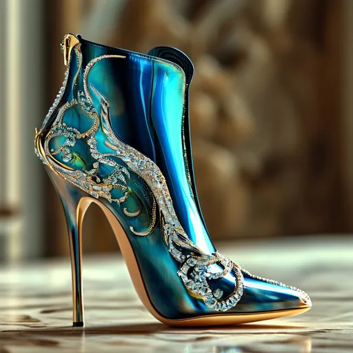 Prompt: (intricate crystal calf-high high heel boots), elegant design, new shapes,  lacquer style, reflecting light, strong flowing shapes, detailed craftsmanship, elegence, ultra-detailed, 4K resolution, exquisite visual composition,