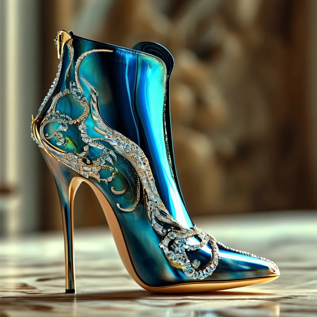 Prompt: (intricate crystal calf-high high heel boots), elegant design, new shapes,  lacquer style, reflecting light, strong flowing shapes, detailed craftsmanship, elegence, ultra-detailed, 4K resolution, exquisite visual composition,