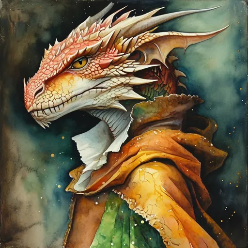 Prompt: (artistic masterpiece) portrait of a dragonborn, (Anton Pieck style), watercolor, whimsical and enchanting scene, soft pastel color palette, dreamy ambiance, intricate details, gentle brush strokes, high-quality look, ethereal atmosphere, infused with a sense of nostalgia and wonder, ultra-detailed.