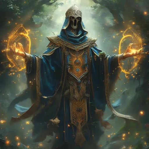 Prompt: (4K) Asimir adivasi Priest DND character, cloaked in intricate ceremonial robes, standing boldly in a mystical grove, repelling undead forces, (powerful spells) flying through the air amongst a dazzling glow of divine light, vibrant ethereal colors illuminating the scene, lush greenery as the backdrop, (intense atmosphere) filled with urgency and magic, highly detailed.