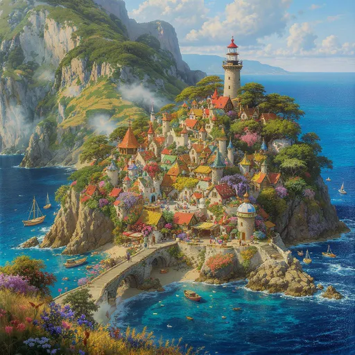Prompt: Imagine an enchanting aerial view of a quaint medieval fantasy harbor village, nestled on a rugged island surrounded by towering cliffs. The whimsical architecture features colorful, crooked cottages, and vibrant gardens bursting with blooms. Gentle waves lap at sandy beaches dotted with charming fishing boats. A lone majestic lighthouse stands seperately, tall at a rock protruding into sea. Surrounding the village, lush fields of golden wheat sway in the breeze, merging seamlessly into a mysterious forest filled with ancient trees, their leaves whispering secrets of old. The overall scene is captured a sharp drawn oil painting, infusing a sense of wonder and adventure into the atmosphere.