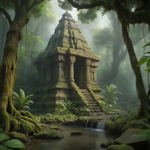 Prompt: Indian jungle temple complex, ancient trees, lush green tropical, rain forrest, nature, water stream, waterfall, ancient stone, overgrown, moss, fog, high quality, realistic, tropical, ancient, detailed foliage, serene atmosphere, natural lighting, magical light, 