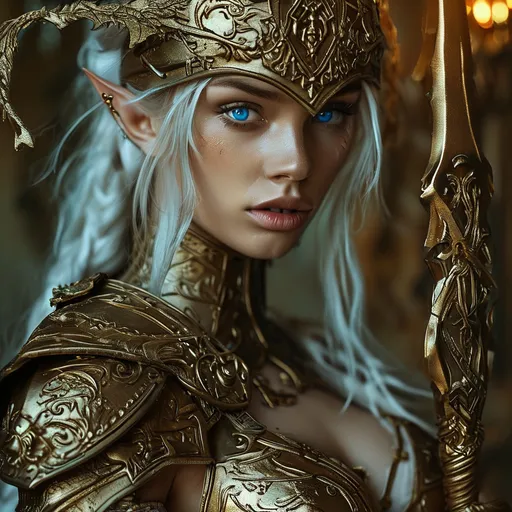 Prompt: full fody beautiful elf woman worrior dressed in (highly detailed high heel calf high adventurer boots), (flowing dress armor), intense blue eyes, (open intricate lace elements), unnatural beauty, medieval fantasy, (elegant design), skintight fit,  dynamic angles, captivating visual appeal, (ultra-detailed), warm lighting, realisitc