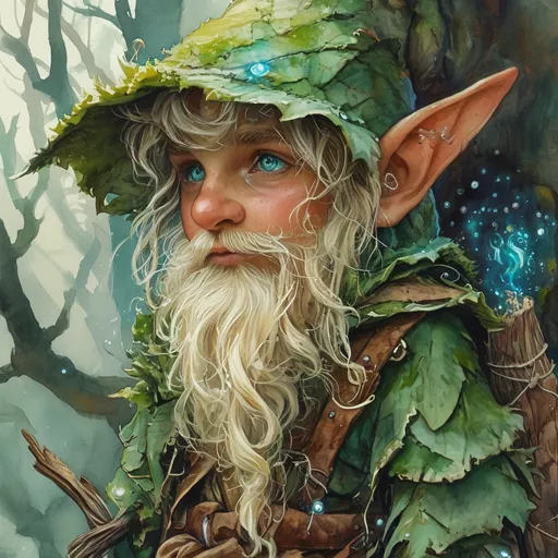 Prompt: watercolor illustration, (young male gnome druid) character, (treebark-like skin), (blond wild hair), (aqua-colored illuminating eyes), (small scruffy beard), surrounded by a mystical forest, enchanting ambiance, spell book glowing with magical runes, serene and whimsical atmosphere, soft earthy color tones, delicate brush strokes, vibrant greens and browns capturing the essence of medieval fantasy, (ultra-detailed) elements adding depth and nuance.