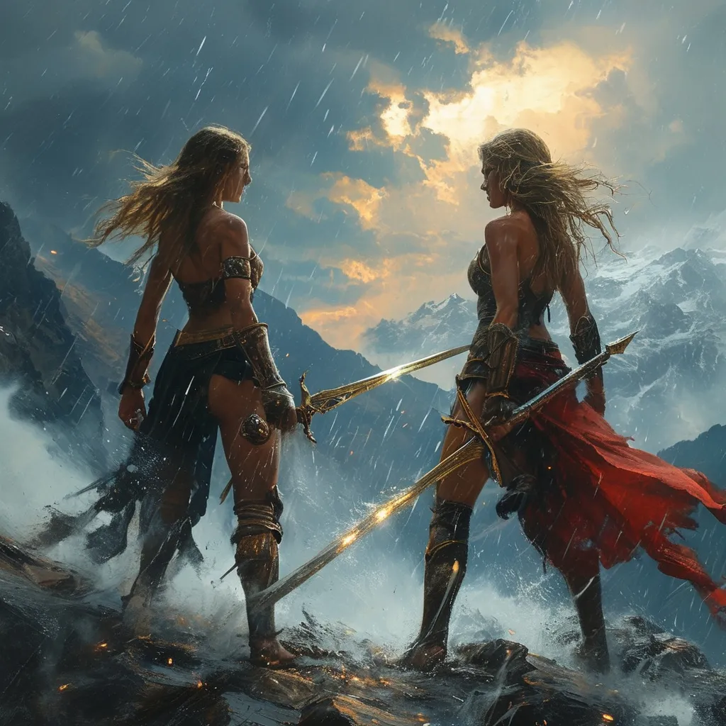 Prompt: rough oil painting, (epic swordfight), fight scene, intense scene in the mountians, pouring rain, storm clouds swirling ominously, vivid lightning strikes illuminating the dark sky, fierce winds swirling around, (female combatants) wielding a shimmering sword, casting magical spells, high tension and dynamic motion, highly detailed features, dramatic atmosphere, cinematic quality, ultra-detailed, 4K resolution, a clash of power amidst the tempest.