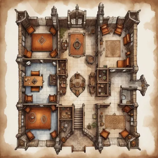 Prompt: Top view floor plan of a medieval fantasy castle, Anton Pieck style sketch, detailed interior layout, cozy and rustic atmosphere, warm earthy tones, furniture, chairs and tables, suits of armor, entrance, throne room, drinks and meals, whimsical decorations, high quality, detailed sketch, antique style, rustic, cozy atmosphere, warm earthy tones, detailed interior, doors