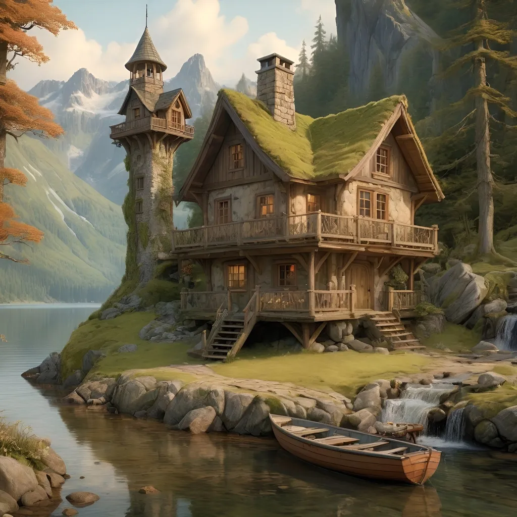 Prompt: Large Anton Pieck-style wood and stone cabin on the lakeside with a centrel tower, moss roof, mountainous region, old wooden rudderboat, forest and beach, stream,  waterfall, wildlife, vintage painting, deer, fox, squirl, detailed textures, serene atmosphere, wimsicle architecture,  warm tones, soft lighting, 4k, highres, nostalgic, detailed scenery, tranquil setting, vintage charm, summer sunset