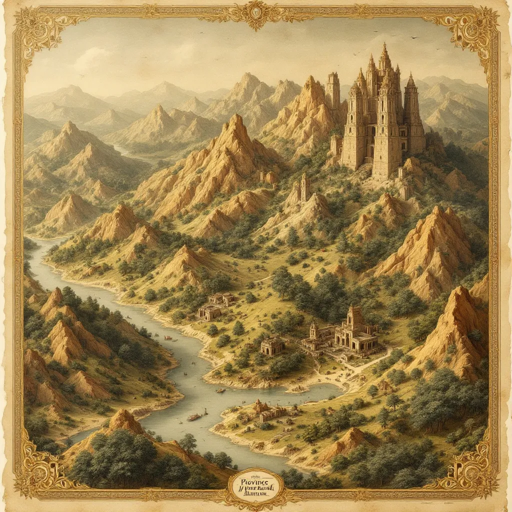 Prompt: hand-drawn map of province of Jharkhand, 16th century explorers map style, intricate details, landscapes, ridges and forests, rustic paper colors, imaginative cartography, ancient ruins, magical elements, captivating topography, high detail, richly textured, inviting adventure, inviting exploration, beautifully illuminated.