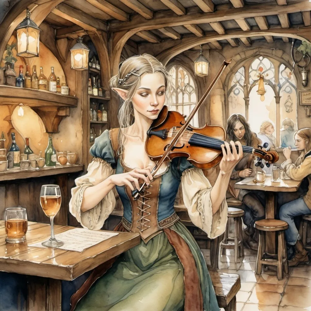 Prompt: watercolor (Anton Pieck style) painting of an elven woman bard, (sadness in her face), playing a violin at a lively tavern, warm, muted colors, rich textures, magical ambiance, soft, nostalgic lighting, medieval fantasy elements, intricate details in attire, charming tavern background filled with patrons, whimsical yet melancholic atmosphere, ultra-detailed, captivating artistry.