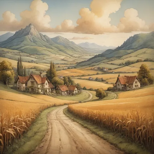 Prompt: (antique oil painting (anton pieck style)), summer countryside, rolling hills, expansive corn fields, tranquil dirt road, (medieval fantasy) elements, golden clouds drifting across the sky, majestic mountains in the background, vibrant color palette with warm hues, serene and picturesque ambiance, soft brush strokes, detailed landscape, whimsical charm, inviting atmosphere, (highly detailed) visual composition.