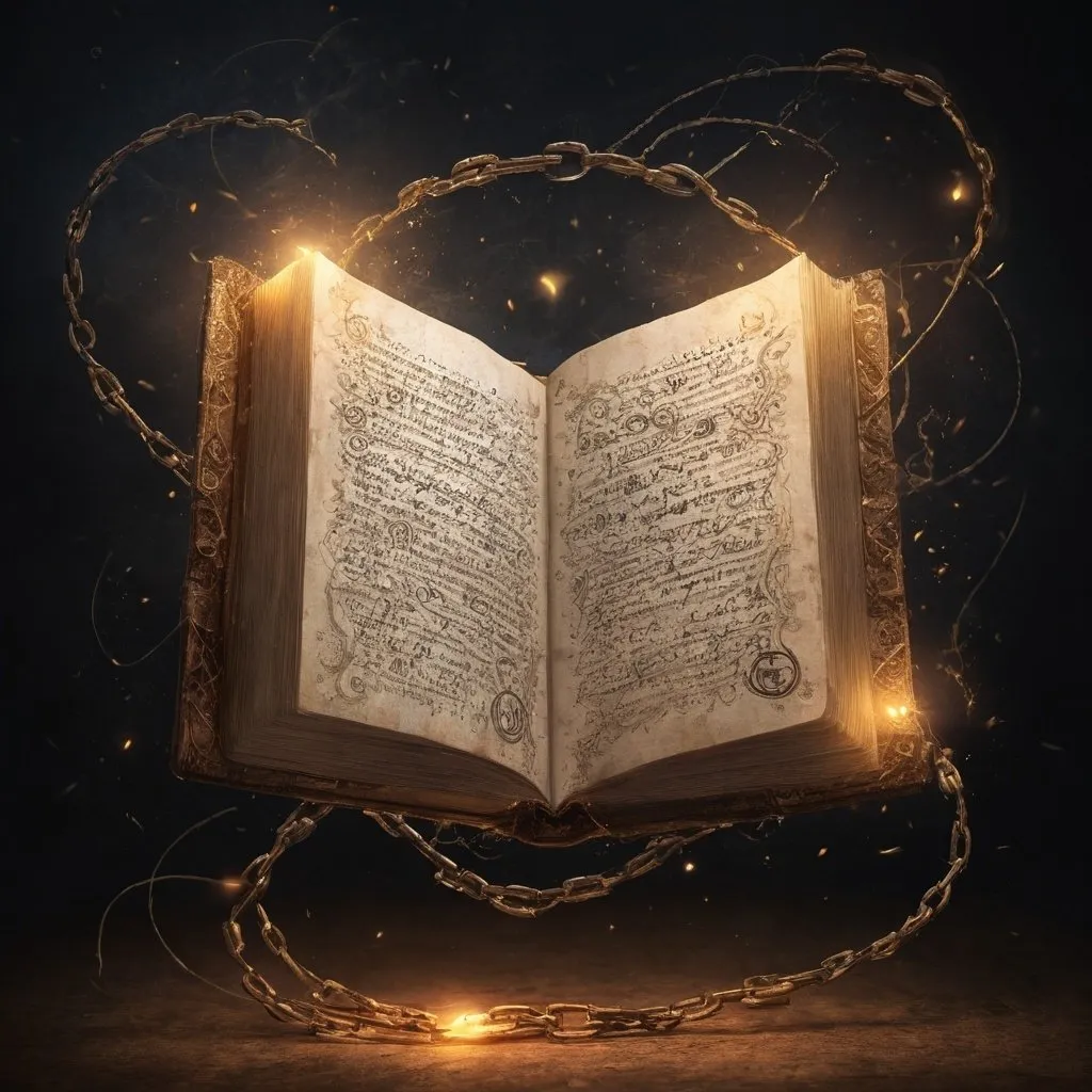 Prompt: Ancient spell tome, magical glow, ancient writing, tome floating in the air, illuminating magical swirls, detailed illustration, high quality, magical, vines emerging, ancient, illuminating runes, chains, floating, detailed, atmospheric lighting, ancient markings, magical cirkel