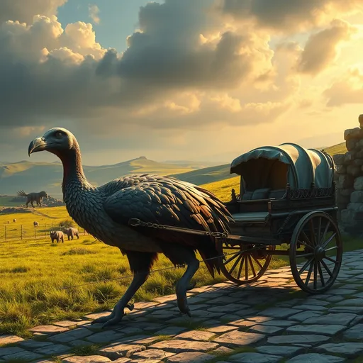 Prompt: (giant flightless bird of burden), pulling a cart, harness,  medieval fantasy setting, dramatic atmosphere, Great plains, vibrant colors, lush green landscape, ancient stone pathway, fantastical creatures in the background, intricate details on the cart, sunny weather with shadows, high-quality 4K, ethereal mood, whimsical style, fantasy art masterpiece.