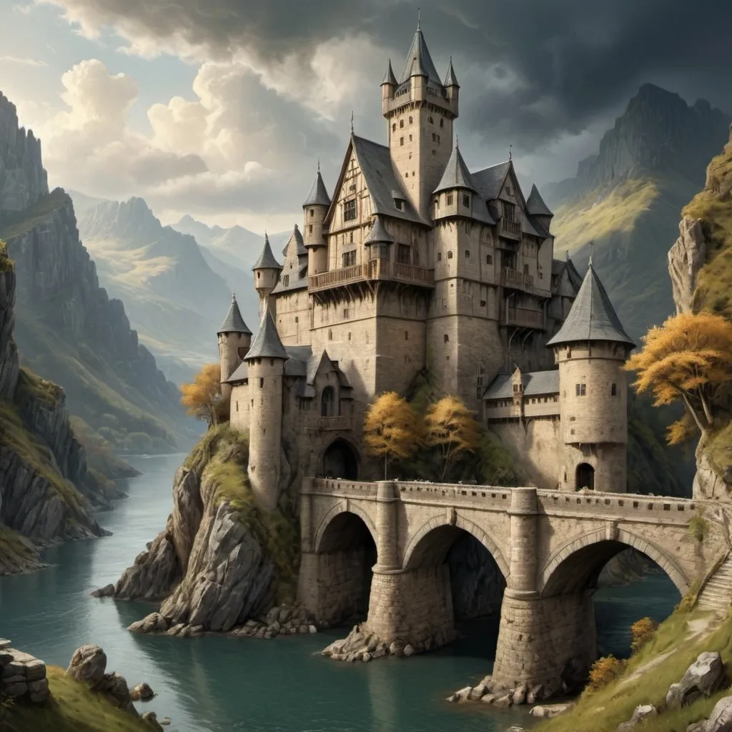 Prompt: photo realistic imposing medieval castle in the rugged mountains anton pieck style, detailed architecture, bridge with gatehouse, high quality, epic scene, docks, spires and towers, dramatic lighting, cliffside setting, intricate details, mountain lake, storm brewing, atmospheric, sunlit ocean, sun rays, golden clouds, village down below