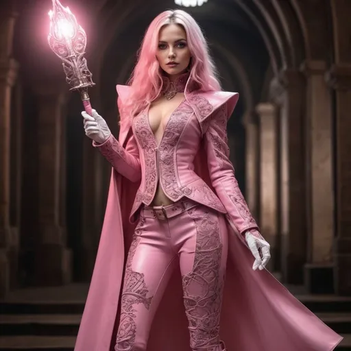 Prompt: gorgeous woman in an intricate pink leather suit, full body, medieval fantsay, holding a glowing mages staff,  high-quality, intricate lace boots, white lace gloves, detailed makeup, standing, straight hair, striking pose, vibrant pink tones, professional lighting, ultra-detailed, dignified stance, detailed makeup, professional lighting