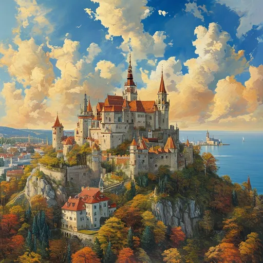 Prompt: (aerial view of grand citadel), (Wiener Hofburg style), (oil painting), towers and spires, in the enchanting style of Anton Pieck, medieval fantasy, picturesque hilly hinterland, shimmering bay, (sunny day) with radiant golden clouds, conveying a pompous feeling, showcasing ancient architecture with elegant details, flourishing marble accents, (ultra-detailed), vibrant colors, (cinematic masterpiece).