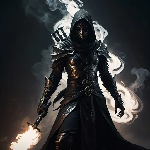 Prompt: shadow assassin DnD character, (swirling black smoke) enveloping a lithe figure, (blade at the ready) poised for action, (medieval fantasy) atmosphere, deep shadows contrasting with faint glimmers of light, mysterious aura surrounding the character, high detail textures, (dramatic lighting) creating tension and intrigue, dark tones, (4K resolution) for a captivating and immersive scene.