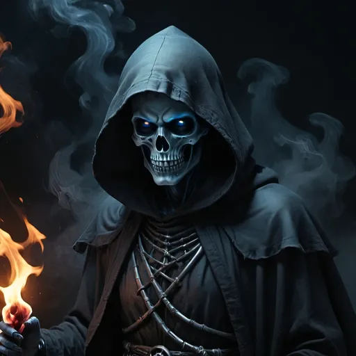 Prompt: (modern grim reaper), (blue illuminating burning eyes), dark and eerie, high contrast, deep shadows, glowing crimson accents, dark, misty background, haunting atmosphere, dramatic lighting, photorealistic, ultra-detailed, 4K, cinematic quality
