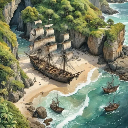 Prompt: (watercolor illustration) aerial view of a pirate beach, stranded ships among rocky shores, (medieval fantasy), epic battle scene with fierce monsters, hidden pirate hideouts in lush greenery, dynamic and vibrant colors, dramatic lighting and shadows, waves crashing against the shore, intense atmosphere reminiscent of a D&D adventure, inspired by Justin Gerard's enchanting style, (ultra-detailed, high quality).